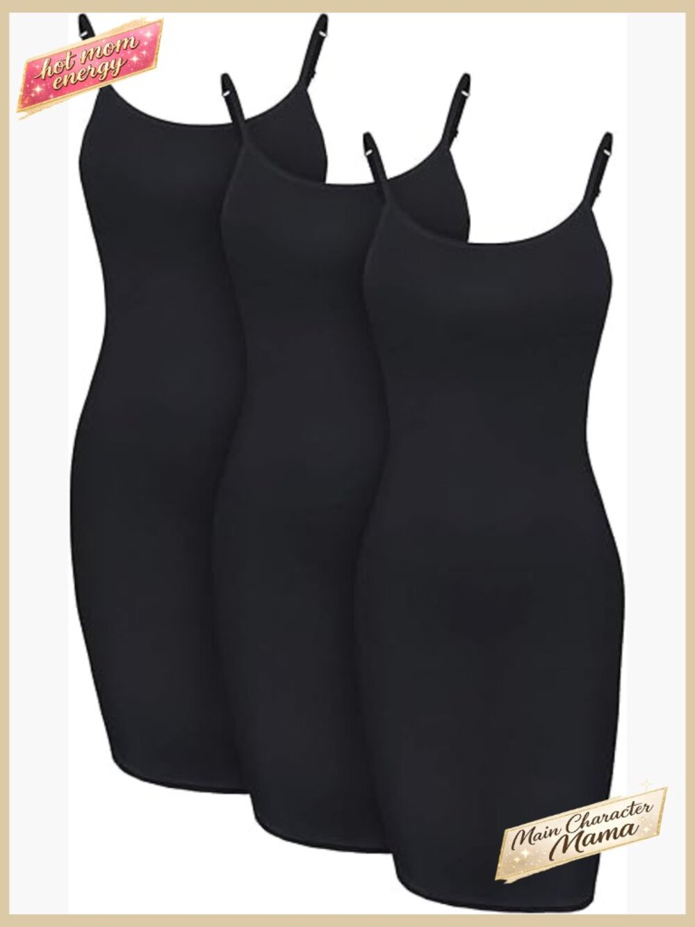 Scoop Neck Bodycon Cami Dress Slips, Spaghetti Strap Layering Tank, 3 Pack
